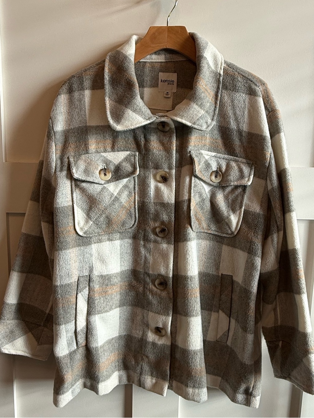 Kensie Plaid Utility Shacket in Cream, Brown & Gray